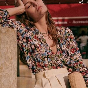 Sezane Abelia Long-Sleeved Wrap Around Style Floral Blouse